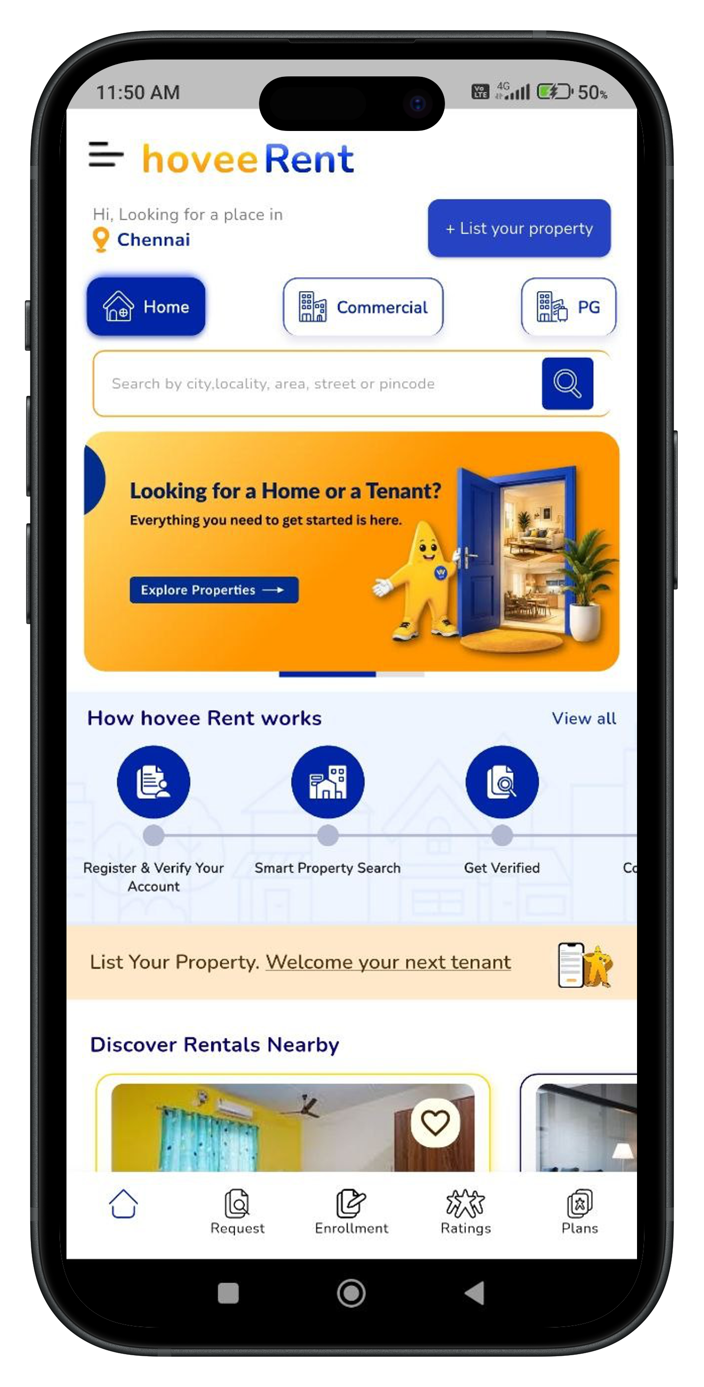 hovee Rent App - Home Screen